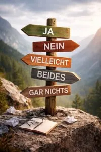 Wegweiser mit den Richtungen „Ja“, „Nein“, „Vielleicht“, „Beides“ und „Gar nichts“ als Symbol für eine schwierige Entscheidung im Dilemma.